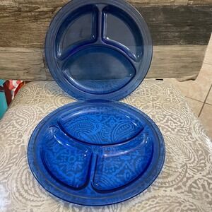 Vintage Blue Colbalt blue  Divided Plates - Set of 2 Dinner Serving Dishes